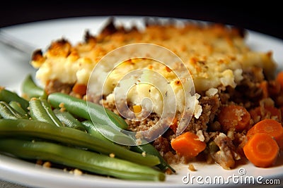 Macro shot of a dish of Shepherd pie with a crispy and golden panko breadcrumb topping, served with a side of green beans Stock Photo