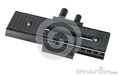 Macro shot focusing rail slider isolated on white Stock Photo