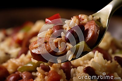 Macro shot of a forkful of red beans and rice mixed with smoked sausage and diced peppers Stock Photo