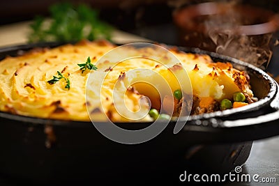 Macro shot of a freshly baked Shepards pie being served, highlighting its perfectly crisp and golden-brown mashed potato topping Stock Photo