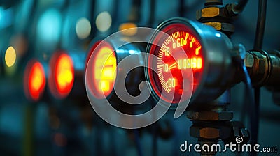 A macro shot of a gauge reading deviations from standard operating conditions with warning lights illuminated to signify Stock Photo