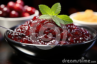 Macro shot of glistening cranberry sauce with a fresh mint garnish. Stock Photo