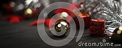 Macro Shot of Golden Bauble. Christmas Banner Stock Photo