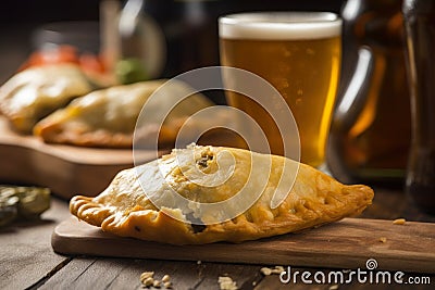 Macro shot of a golden-brown empanada with a flaky crust and a delicious filling oozing out Stock Photo