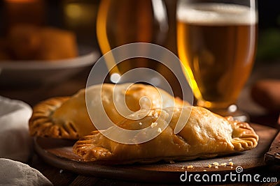 Macro shot of a golden-brown empanada with a flaky crust and a delicious filling oozing out Stock Photo