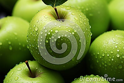 Macro shot Green apple adorned with glistening, revitalizing dew drops Stock Photo