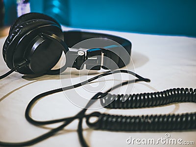 Macro shot of headphones connected to the smarphone Stock Photo