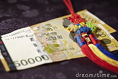 Macro shot of a Korean norigae jewel on a South Korean won Stock Photo