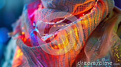 A macro shot of a motion sensor attached to a scarf capturing the intricate arrangement of wires and sensors that allow Stock Photo