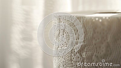 Macro shot of a roll of soft toilet paper with patterns on a light background. Copy space Stock Photo