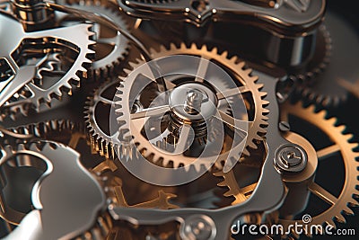 macro shot of shiny steel gears meshing in a modern mechanical clock Stock Photo