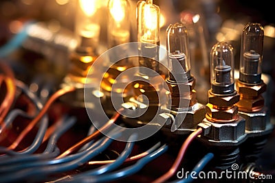 macro shot of spark plugs and wires in engine Stock Photo