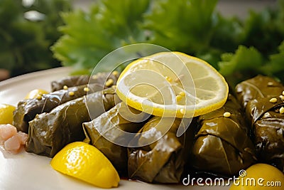 Macro Shot of Stuffed Grape Leaves with a Lemon Wedge on the Side Stock Photo