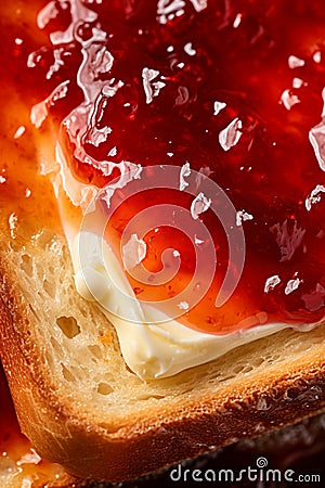 Macro shot of toasted bread with butter and homemade raspberry jam. Delicious breakfast Stock Photo