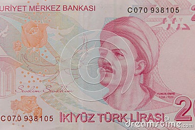 Macro shot of two hundred turkish lira banknote Stock Photo