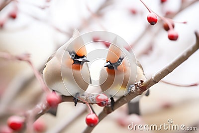 macro shot of waxwings vibrant plumage and berry Stock Photo
