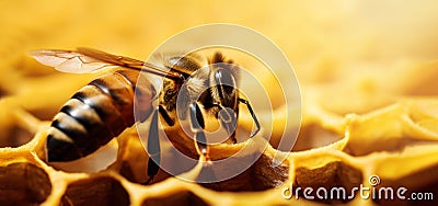 macro shot of worker bee on honeycomb. banner with copy space Stock Photo