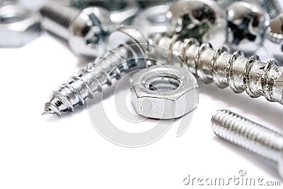 Macro Of A Small Collection Of Iron Screws, Wood Screws And Bolts With Free Space Stock Photo