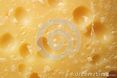 Macro texture of tasty yellow cheese with holes for background. Generative AI Stock Photo