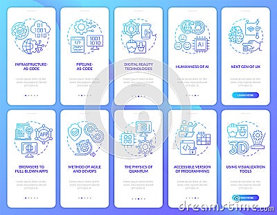 Macro trends blue gradient onboarding mobile app screen set Vector Illustration