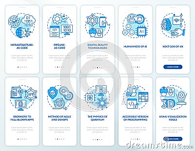 Macro trends blue onboarding mobile app screen set Vector Illustration