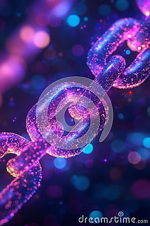 Macro View of a Beautifully Shimmering Neon Chain Link with Sparkles and Colorful Bokeh Background Stock Photo