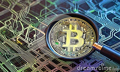 Macro View of Bitcoin with Circuit Patterns Stock Photo