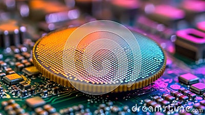 Macro view of a circular silicon wafer with microchip structures in neon green and purple tones, illustrating advanced semicond Cartoon Illustration