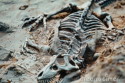 Macro view of a dinosaur fossil excavation site highlighting the delicate process of uncovering ancient bones ideal for Stock Photo