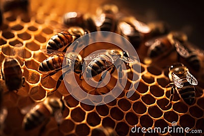 Macro view of honeybees working diligently inside their hive, meticulously crafting honeycomb cells filled with glistening. Stock Photo