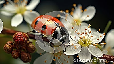 Macro View of Ladybug's Intricate Features Amidst White Petals. Generative AI Stock Photo