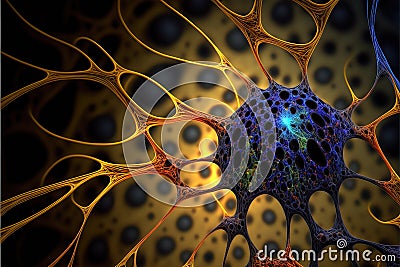 Macro view of neuron inside brain, nerve cell with dendrites, illustration, generative AI Cartoon Illustration