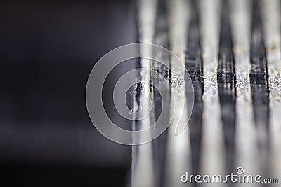 Macro view of old and worn measuring instrument units in inches centimeter milimeter Stock Photo