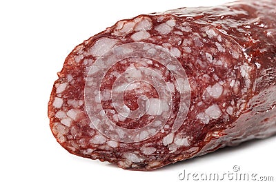 Macro view of Salami smoked sausage stick isolated Stock Photo