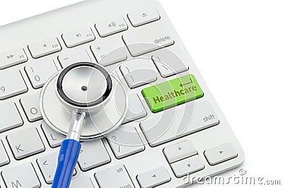Macro view of a stethoscope on computer keyboard and key botton Stock Photo