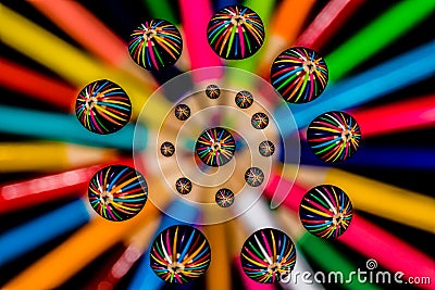 Macro Water Drops and Colored Pencil Abstract Symmetrical Pattern Stock Photo