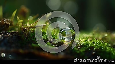 Macro Waterdrop Concept. Droplet with Green Reflection of Nature, Ecological and Environmental Image. Ai Generated Stock Photo