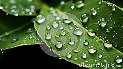 Extreme close-up dewdrops on leaves. Macro view of a rain-soaked leaf covered in droplets, texture, rainy day. AI generated. Stock Photo