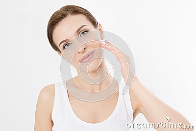 Macro Woman face with no wrinkles on forehead. Skin care and spa face beauty. Cosmetology facial treatment and anti aging concept Stock Photo