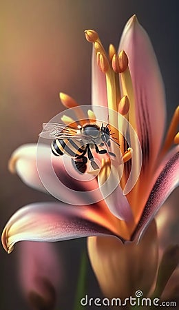 Macrophoto of an amazing pink lily with bee Stock Photo
