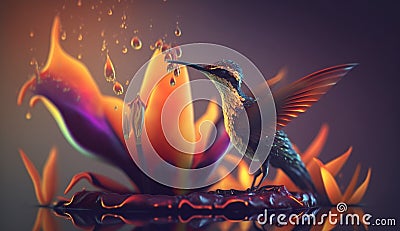 Macrophoto of an amazing orange and purple lily with a flying hummingbird Stock Photo