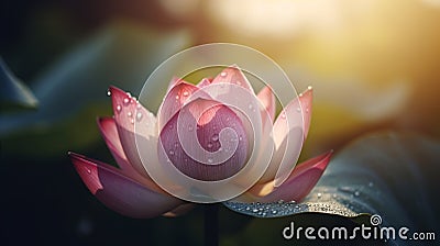 Macrophoto of an amazing pink lotus with dew in the sunrise lights Stock Photo