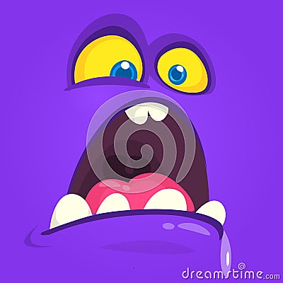 Mad cartoon monster face with mouth opened. Vector Halloween purple monster screaming. Vector Illustration