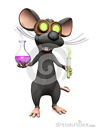 Mad cartoon mouse doing a science experiment. Stock Photo