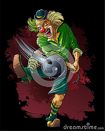 Mad clown killer with cudgel. Vector Illustration