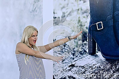 This amazing,crazy,mad blonde girl want to buy shoes Stock Photo