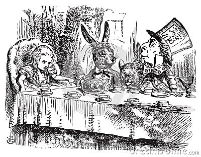 Mad Hatterâ€™s Tea Party, Alice in Wonderland original vintage engraving Vector Illustration