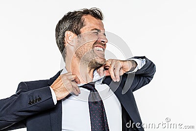 Mad manager not breathing, opening up corporate outfit for burnout Stock Photo