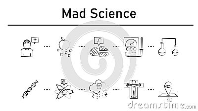 Mad science simple concept icons set. Contains such icons as psychogenesis, gravitons, neural, radionics, testing tube Stock Photo