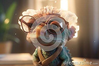 The Mad Scientist Chameleon: A Funny Photorealistic Cartoon Character with Glasses and Messy Hair Stock Photo